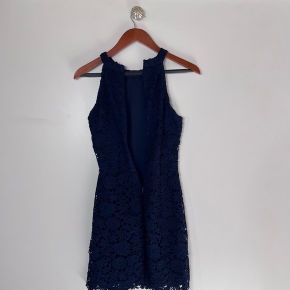 LULU’S LOVE POEM NAVY BLUE LACE MINI DRESS Small - Picture 12 of 16